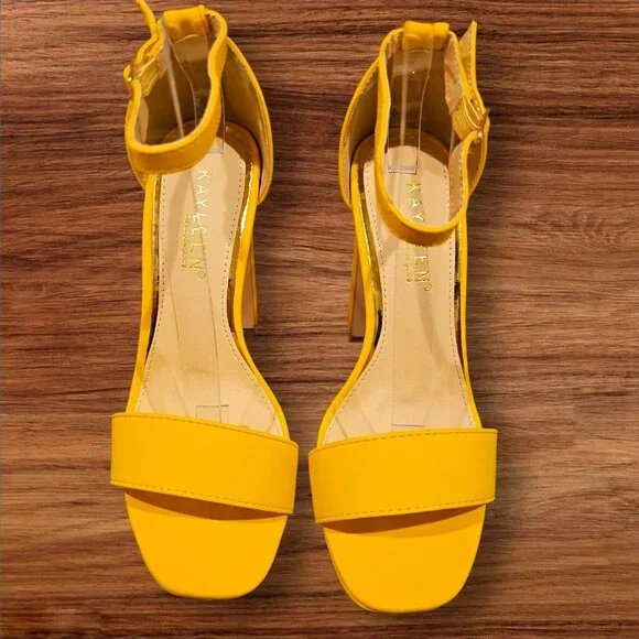 Mustard Platform High Heels With Ankle Strap Open Toe Design Faux Leather Finish - Picture 7 of 9
